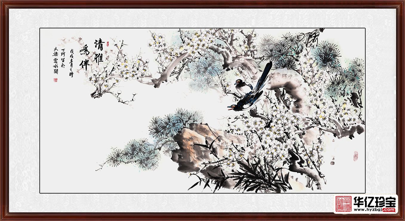 丁珂四尺横幅喜鹊,梅花,松树作品《清雅为伴》