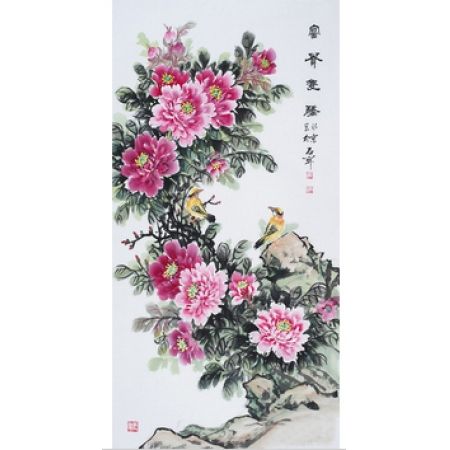 玄关/走廊挂画 国礼书画家石开ZUI新牡丹图《富贵双骄》