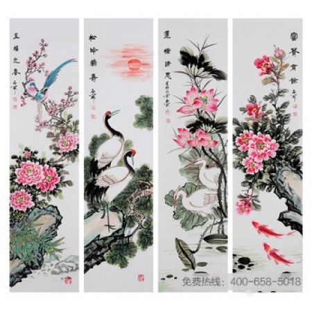 国礼书画家石开ZUI新花鸟四条屏《春夏秋冬》