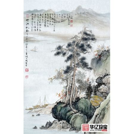 玄关小尺寸挂画 张天成竖幅新品山水画《清江帆影》