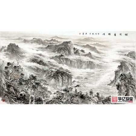 中国美协画家赵洪霞新品创作国画《烟波荡群峰》