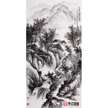 吴大恺四尺竖幅山水画作品《山际来烟水长流》