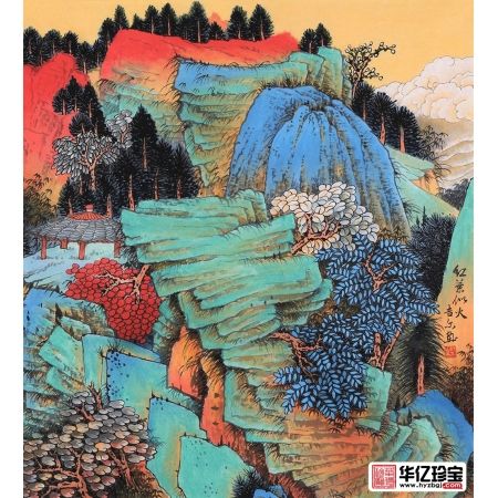 精美小品画 许吉尔斗方工笔重彩画《红叶似火》