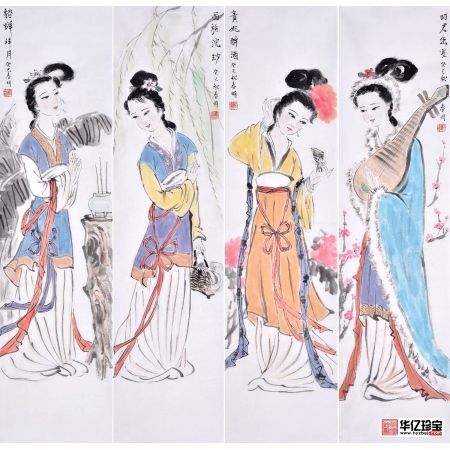 刘春明四条屏人物画四大美女《 西施 昭君 貂蝉 贵妃》