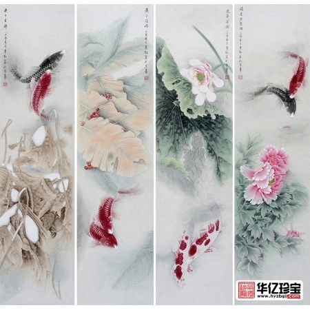萧红新品佳作鲤鱼图四条屏《春夏秋冬》