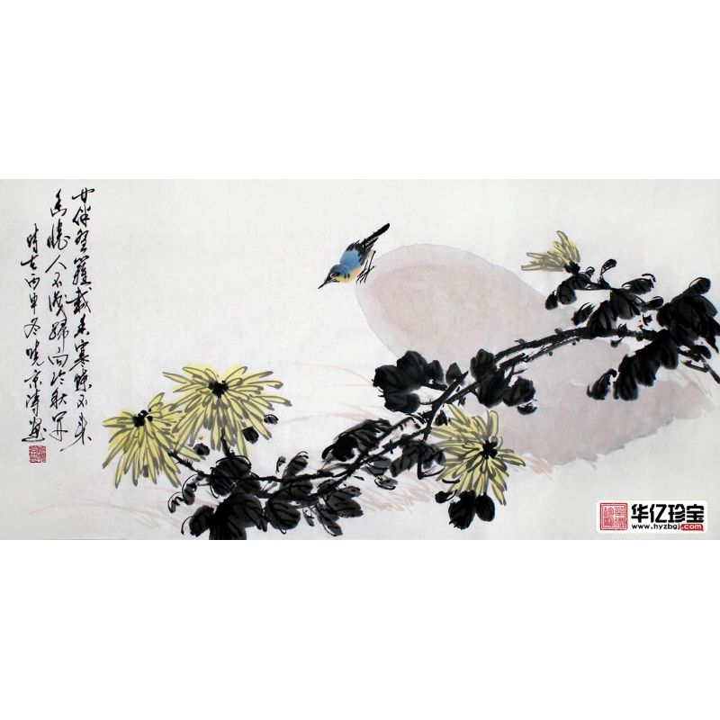 郑晓京老师ZUI新写意花鸟画作品《菊花蓝雀》