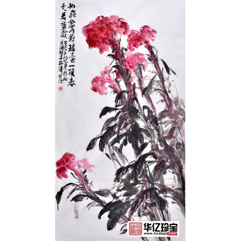 孙伟六尺竖幅花鸟画鸡冠花《如飞如舞对瑶台》