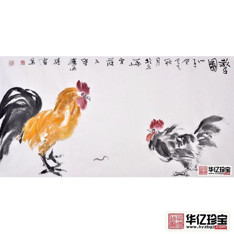 孙伟四尺横幅动物画雄鸡《教子图》