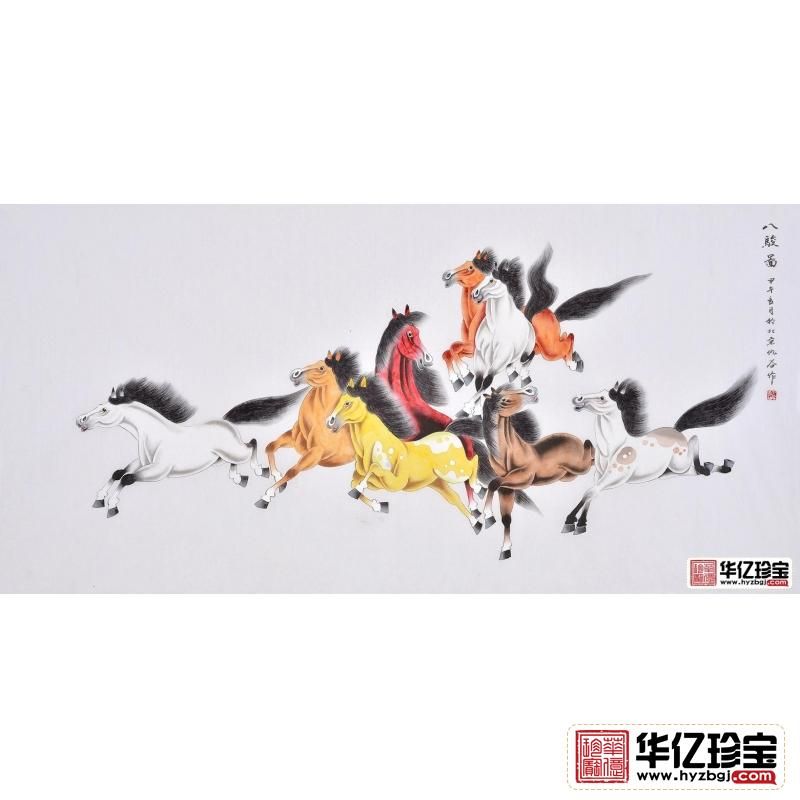 仇谷四尺横幅工笔动物画作品马《八骏图》