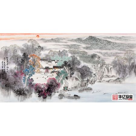 诸明四尺横幅写意山水画作品《旭日东升照大地》