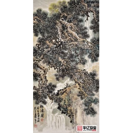 苍松遒劲 当代实力派画家马国立山水画作品《松瀑图》