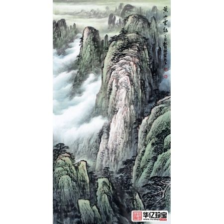 李林宏ZUI新三尺竖幅青绿山水画《黄山云起》