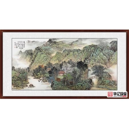 沙发背景墙挂画 余静青绿国画《青山隐隐水迢迢》