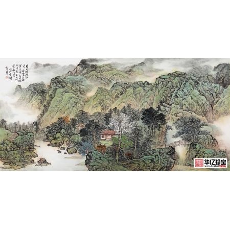 沙发背景墙挂画 余静青绿国画《青山隐隐水迢迢》