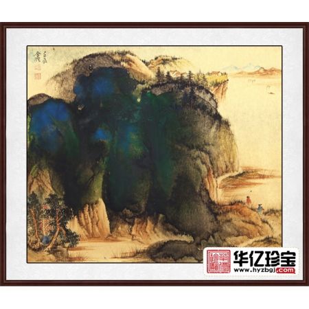 魏金岭小尺竖幅山水画作品《金笺山水画系列之四》