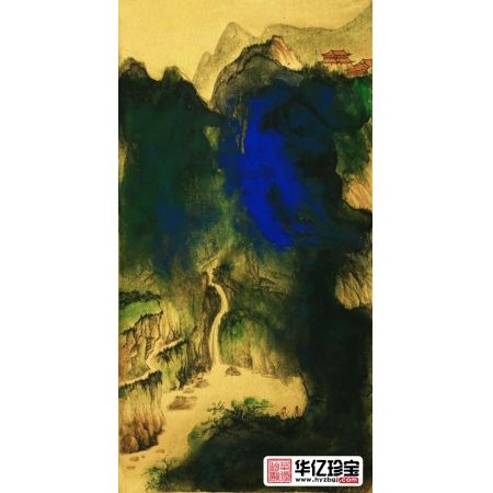 魏金岭三尺竖幅山水画作品《金笺山水画系列之一》