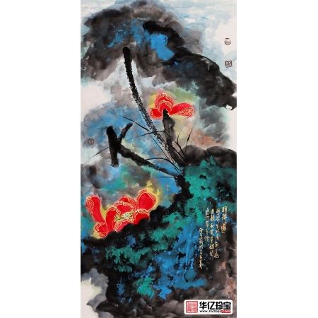 张大千再传弟子 张若古四尺竖幅荷花图《祥瑞图》