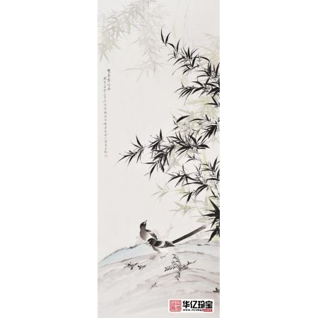 王宁六尺竖幅花鸟画作品国画竹子图《双喜翠竹图》