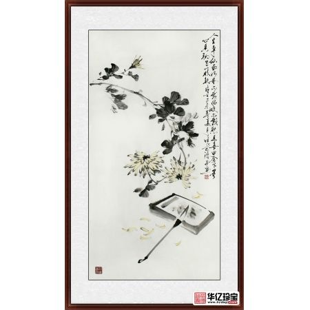 郑晓京三尺竖幅诗画作品《菊花砚台》