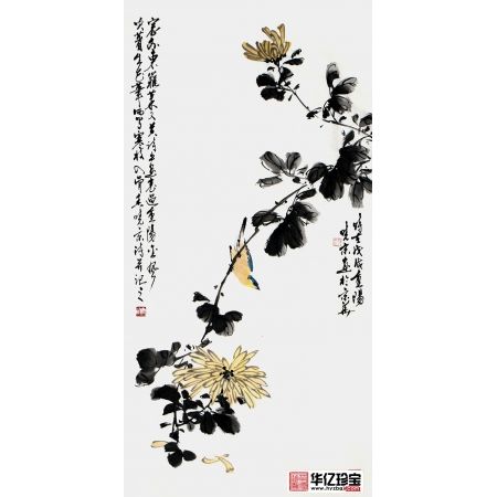 实力派画家郑晓京三尺竖幅诗画作品《重阳菊花》