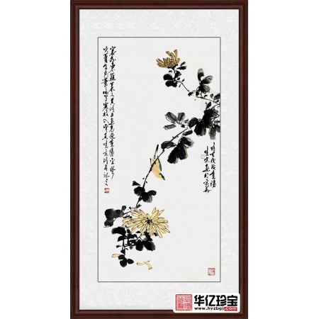 实力派画家郑晓京三尺竖幅诗画作品《重阳菊花》