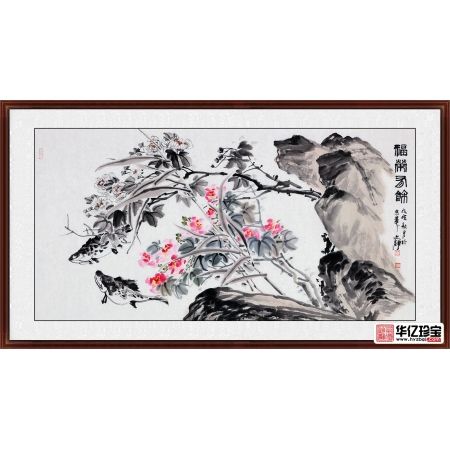 何文铮四尺横幅写意花鸟画《富荣有余》