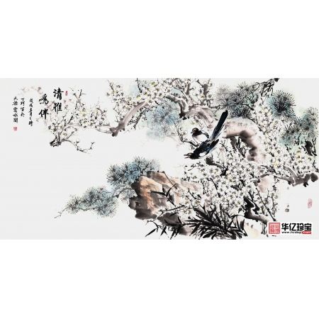 丁珂四尺横幅喜鹊、梅花、松树作品《清雅为伴》