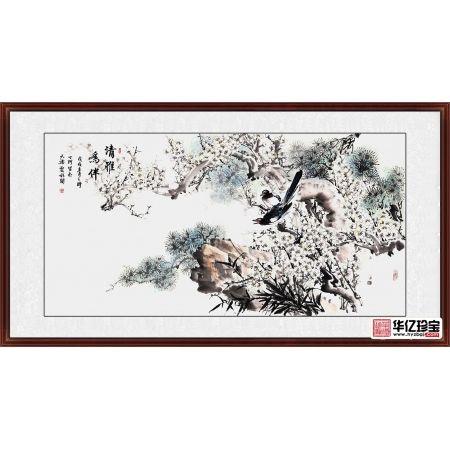 丁珂四尺横幅喜鹊、梅花、松树作品《清雅为伴》