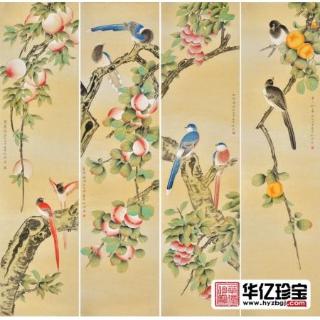 家居装饰画 仇谷工笔花鸟画作品《吉祥如意四条屏》