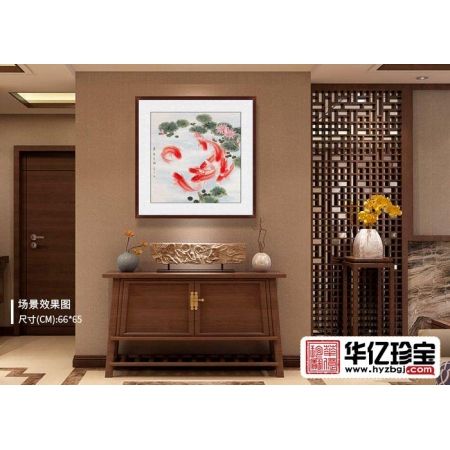 王一容新品斗方荷花九鱼图《连年有余》