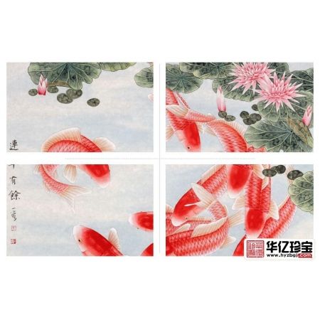 王一容新品斗方荷花九鱼图《连年有余》