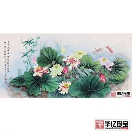 薛波三尺横幅荷花图作品《蜻蜓戏荷图》