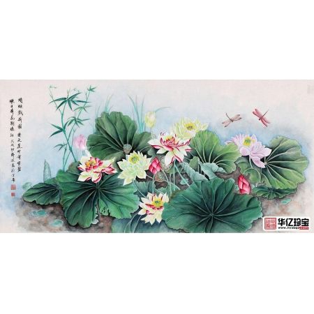 薛波三尺横幅荷花图作品《蜻蜓戏荷图》