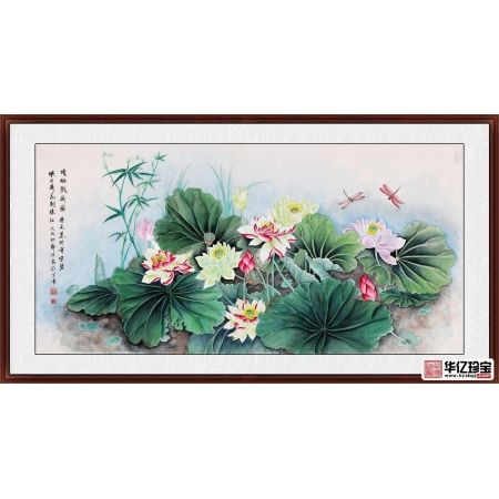 薛波三尺横幅荷花图作品《蜻蜓戏荷图》