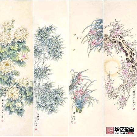 仇谷四条屏花鸟画作品国画四君子《梅兰竹菊》