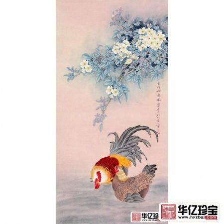 玄关挂画 画家王一容竖幅公鸡作品《吉祥如意图》