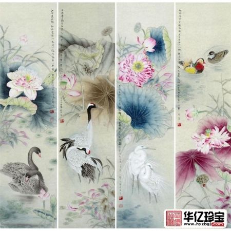 实力派画家王一容新品国画荷花图《花鸟四条屏》