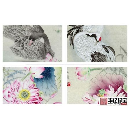 实力派画家王一容新品国画荷花图《花鸟四条屏》