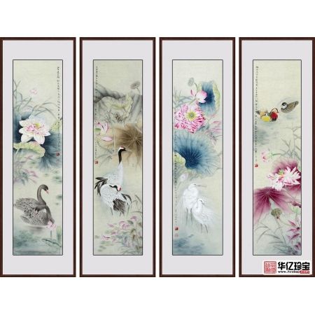 实力派画家王一容新品国画荷花图《花鸟四条屏》