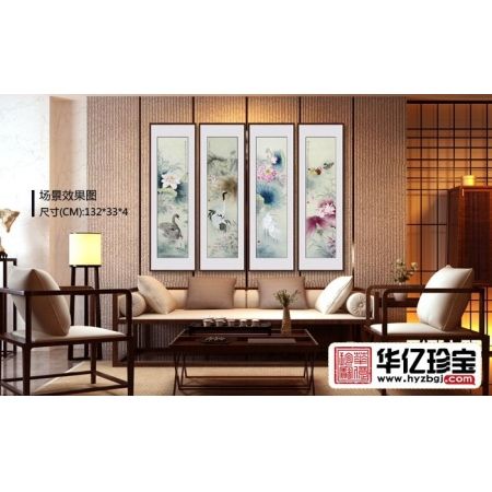 实力派画家王一容新品国画荷花图《花鸟四条屏》