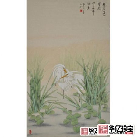 仇谷三尺竖幅白鹭系列画《鹭鸶双双戏》