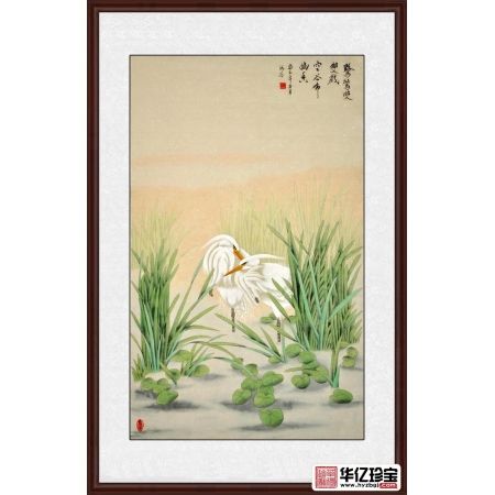 仇谷三尺竖幅白鹭系列画《鹭鸶双双戏》