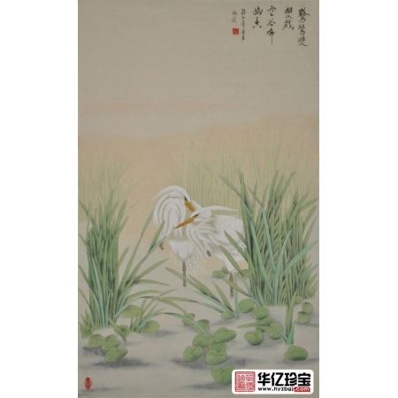 仇谷三尺竖幅白鹭系列画《鹭鸶双双戏》