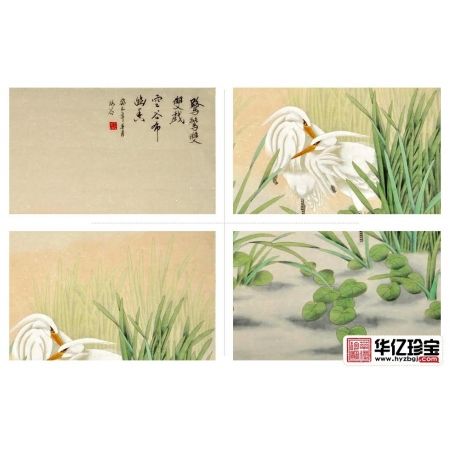 仇谷三尺竖幅白鹭系列画《鹭鸶双双戏》