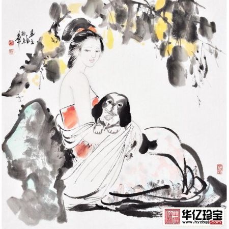 李立辰四尺斗方人物画作品《回眸》