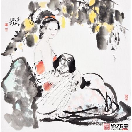 李立辰四尺斗方人物画作品《回眸》