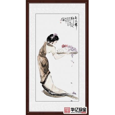 王文强四尺竖幅写意人物画《献花舞》