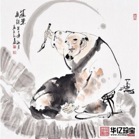 李立辰四尺斗方人物画作品《蕉叶题诗》