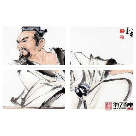 高士图 王文强四尺横幅写意人物画《静夜思·李白》