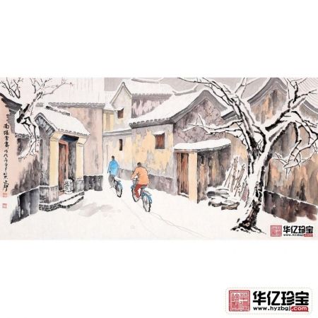 何文铮四尺横幅人物画《南城雪霁》